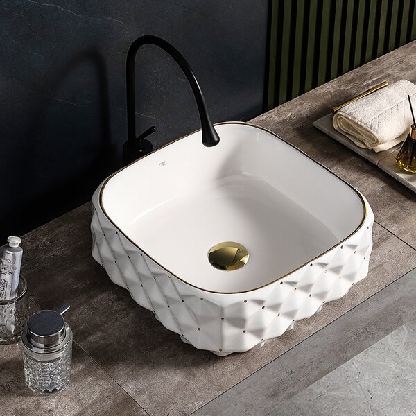 BPS-koupelny Keramické umyvadlo na desku PEARL WH GL 400 40x40 cm, bílá/zlatá