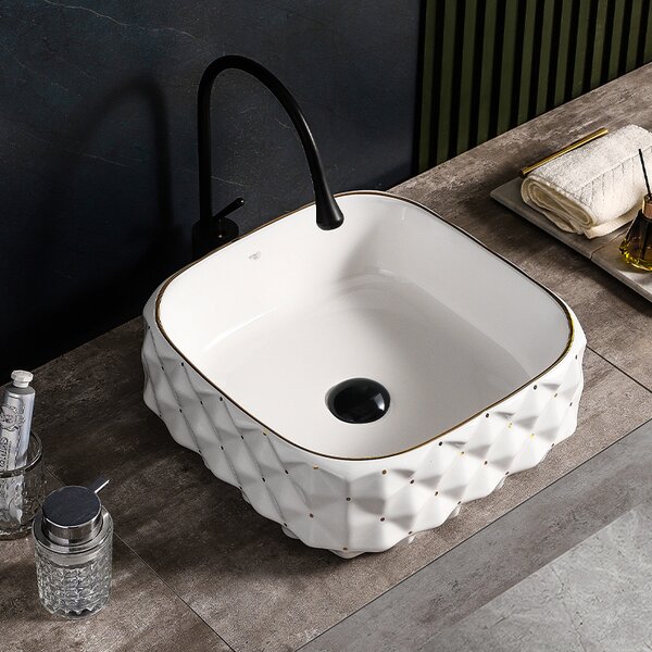 BPS-koupelny Keramické umyvadlo na desku PEARL WH GL 400 40x40 cm, bílá/zlatá