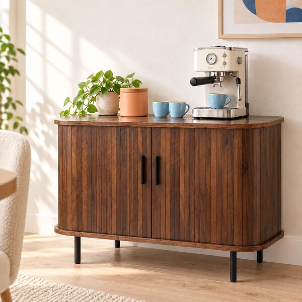 Komoda Relaxdays, s posuvnými dvířky, rozměry (v x š x h): 60 x 80 x 40 cm, 4 přihrádky, materiál: MDF, kov, vhodná do kuchyně nebo obývacího pokoje, barva: tmavě hnědá/černá
