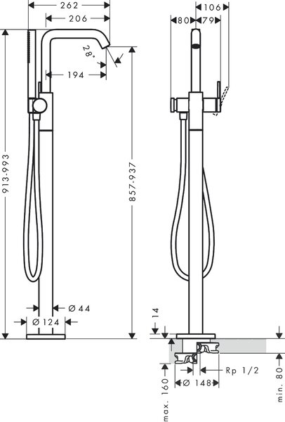 Hansgrohe Tecturis S páková vanová baterie volně stojící na podlaze, kartáčovaný bronz 73440140