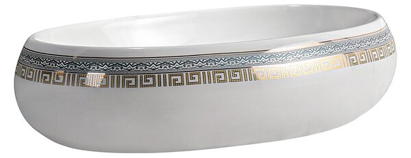 BPS-koupelny Keramické umyvadlo na desku CARI WH MOD2 600 60x40,5 cm, bílé/zlato-stříbrný dekor