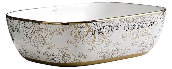 BPS-koupelny Keramické umyvadlo na desku MILO WH MOD1 455 45,5x32,5 cm, bílé/zlato-stříbrný dekor