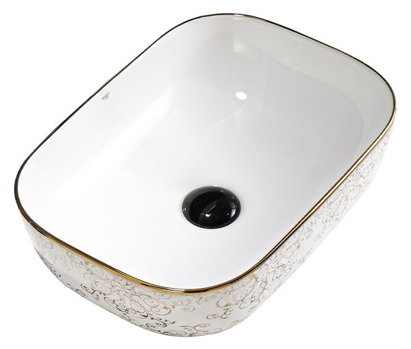 BPS-koupelny Keramické umyvadlo na desku MILO WH MOD1 455 45,5x32,5 cm, bílé/zlato-stříbrný dekor