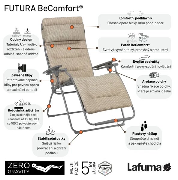 Relaxační křeslo Lafuma FUTURA BeComfort hnědá Moka – ZERO GRAVITY, nosnost 140 kg