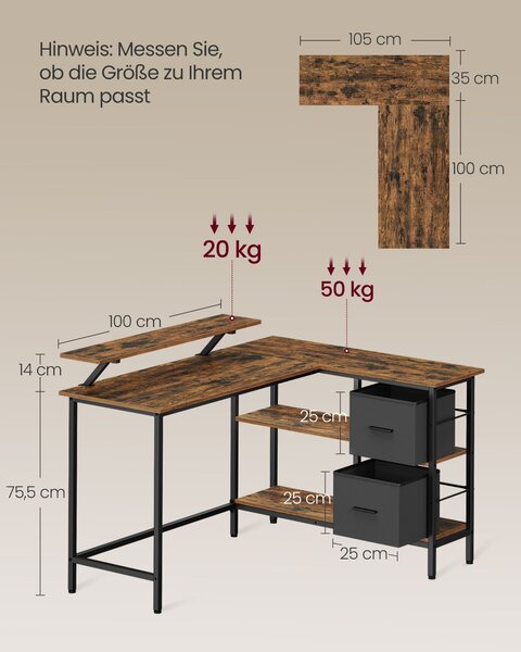 VASAGLE Rohový psací stůl s policí a úložnými boxy 135 x 90 x 105 cm hnědý