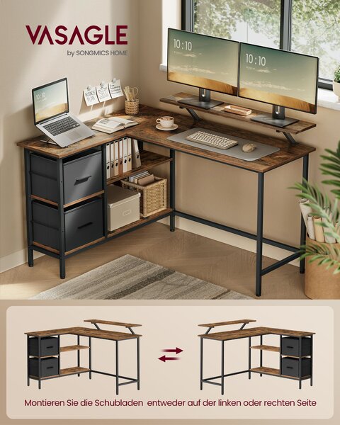 VASAGLE Rohový psací stůl s policí a úložnými boxy 135 x 90 x 105 cm hnědý
