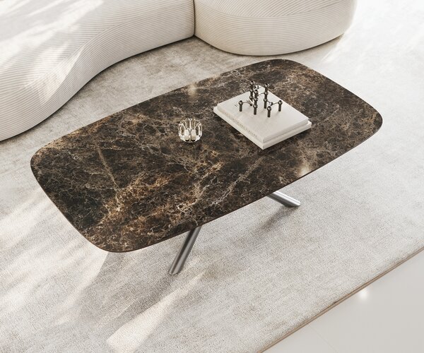 DELIFE Konferenční stolek Edge Boot 140x80 cm keramika Laminam® Emperador Extra Lucidato tmavě hnědá Sarity nerezová ocel broušená