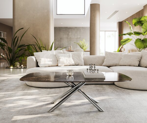 DELIFE Konferenční stolek Edge Boot 140x80 cm keramika Laminam® Emperador Extra Lucidato tmavě hnědá Sarity nerezová ocel broušená