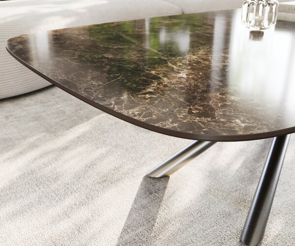 DELIFE Konferenční stolek Edge Boot 140x80 cm keramika Laminam® Emperador Extra Lucidato tmavě hnědá Sarity nerezová ocel broušená