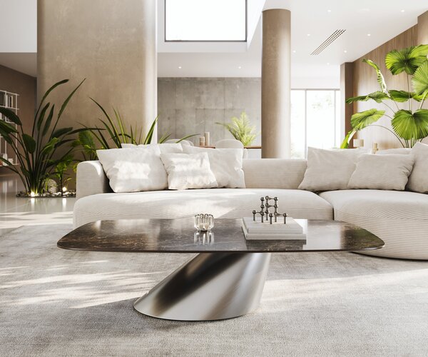 DELIFE Konferenční stolek Edge oválný tvar 140x80 cm keramika Laminam® Emperador Extra Lucidato tmavě hnědá Conis nerezová ocel broušená