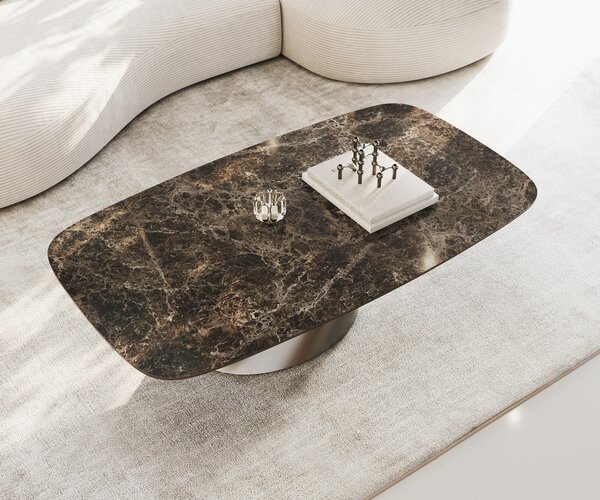 DELIFE Konferenční stolek Edge oválný tvar 140x80 cm keramika Laminam® Emperador Extra Lucidato tmavě hnědá Conis nerezová ocel broušená