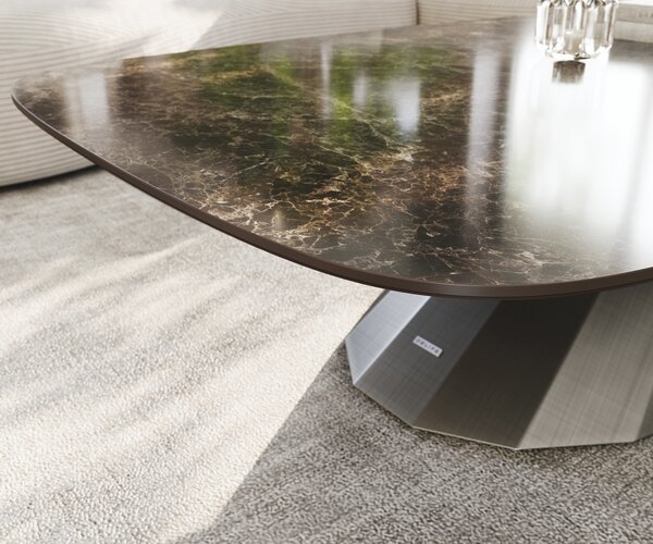 DELIFE Konferenční stolek Edge Boot 140x80 cm keramika Laminam® Emperador Extra Lucidato tmavě hnědá Parabi Metallic stříbrná