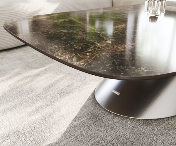 DELIFE Konferenční stolek Edge oválný tvar 140x80 cm keramika Laminam® Emperador Extra Lucidato tmavě hnědá Conis nerezová ocel broušená