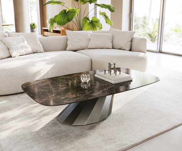 DELIFE Konferenční stolek Edge Boot 140x80 cm keramika Laminam® Emperador Extra Lucidato tmavě hnědá Parabi Metallic stříbrná