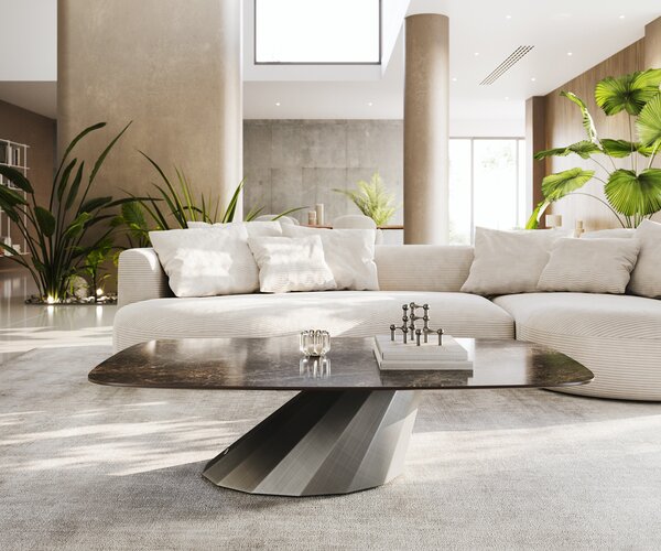 DELIFE Konferenční stolek Edge Boot 140x80 cm keramika Laminam® Emperador Extra Lucidato tmavě hnědá Parabi Metallic stříbrná