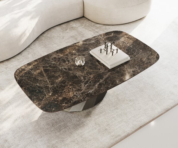 DELIFE Konferenční stolek Edge Boot 140x80 cm keramika Laminam® Emperador Extra Lucidato tmavě hnědá Parabi Metallic stříbrná