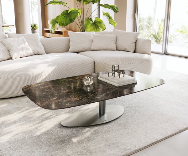 DELIFE Konferenční stolek Edge oválný tvar 140x80 cm keramika Laminam® Emperador Extra Lucidato tmavě hnědá Vibany nerezová ocel broušená