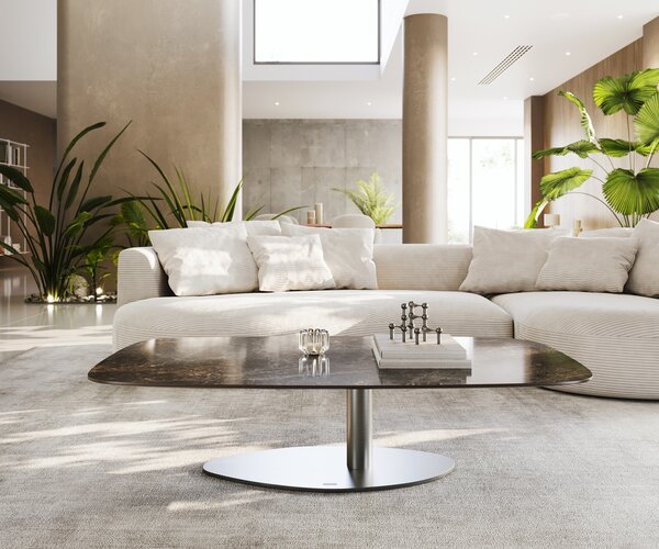 DELIFE Konferenční stolek Edge oválný tvar 140x80 cm keramika Laminam® Emperador Extra Lucidato tmavě hnědá Vibany nerezová ocel broušená