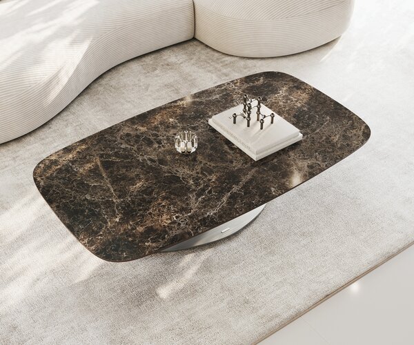 DELIFE Konferenční stolek Edge oválný tvar 140x80 cm keramika Laminam® Emperador Extra Lucidato tmavě hnědá Vibany nerezová ocel broušená