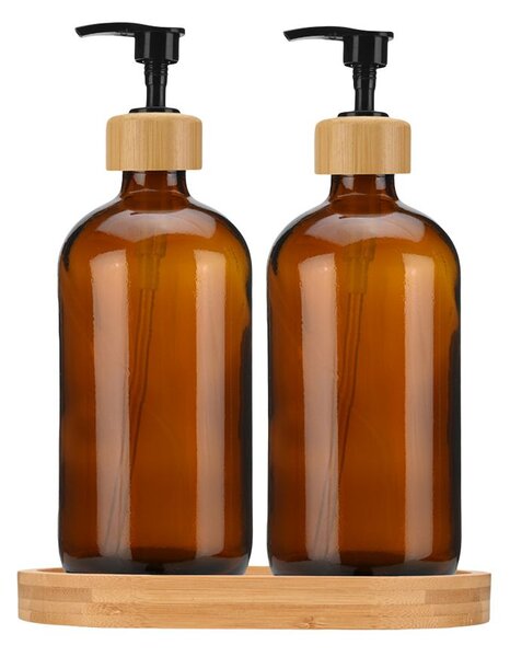 Dávkovač saponátu a mýdla Dallas, hnědá/s černými a dřevěnými prvky, 500 ml, sada 2 ks