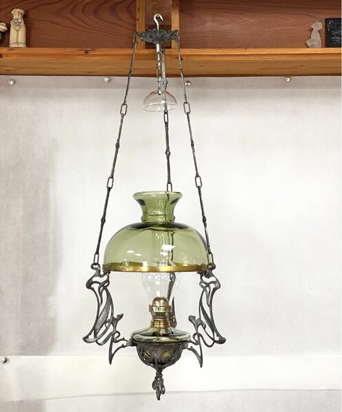 Sklárna Častolovice - Petrolejová lampa s cínovou nohou a zdobením - kombinovaná