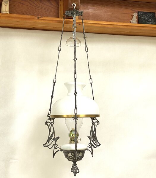 Sklárna Častolovice - Petrolejová lampa s cínovou nohou a zdobením - kombinovaná
