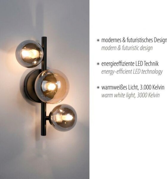 PAUL NEUHAUS LED nástěnné svítidlo černé kouřové a jantarové sklo moderní teplá bílá 3000K PN 9583-18
