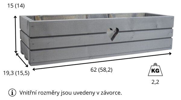 Dřevěný truhlík z masivu srdce - šedý 60 cm