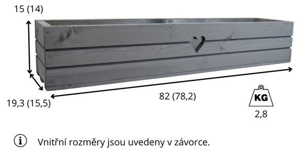 Dřevěný truhlík z masivu srdce - šedý 80 cm
