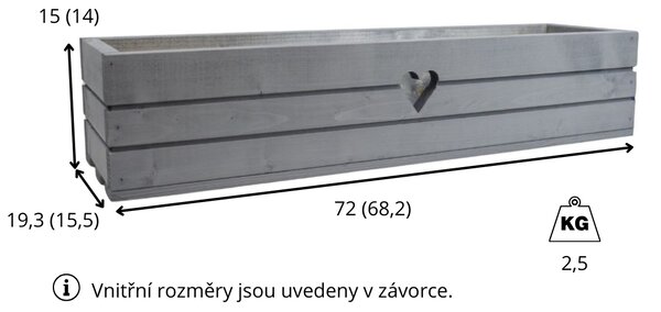 Dřevěný truhlík z masivu srdce - šedý 70 cm
