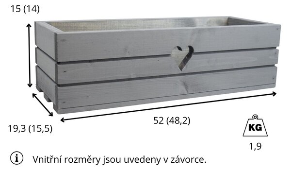 Dřevěný truhlík z masivu srdce - šedý 50 cm