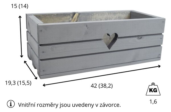 Dřevěný truhlík z masivu srdce - šedý 40 cm