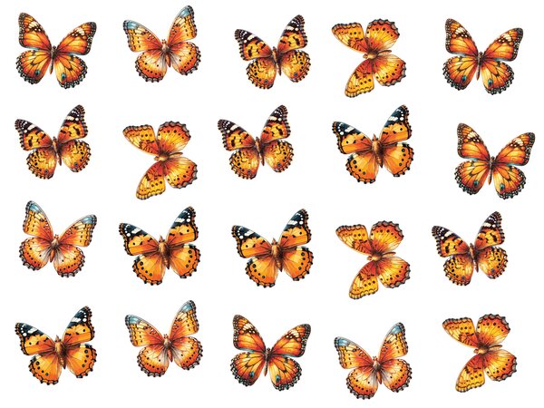 Motýlci na zeď oranžová 20 ks textilní přelepitelná samolepící dekorace na zeď 20 ks šíře 6 cm