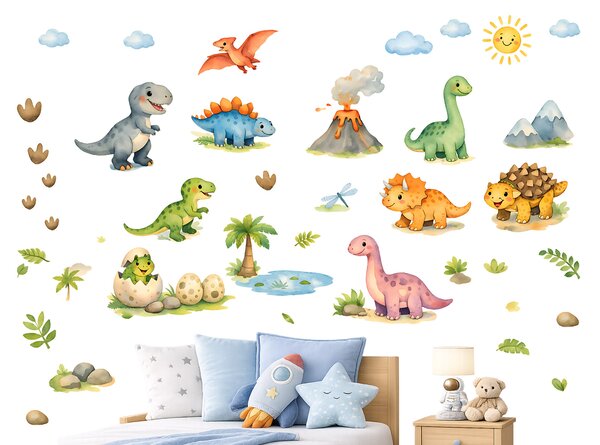 Kreslení dinosauři textilní přelepitelné samolepky na zeď arch 32 x 46 cm