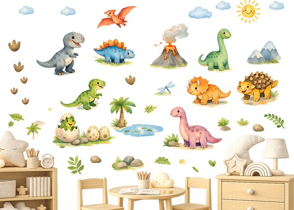 Kreslení dinosauři textilní přelepitelné samolepky na zeď arch 32 x 46 cm