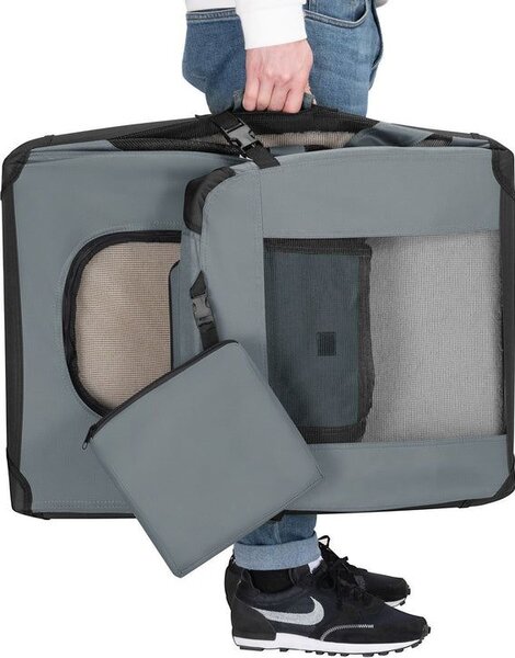 Skládací přepravní box pro psy, šedý, s pelíškem, velikost S