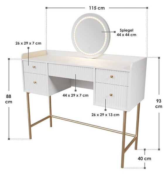 Toaletní stolek s LED zrcadlem, 5 zásuvek, bílý/zlatý