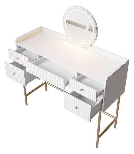 Toaletní stolek s LED zrcadlem, 5 zásuvek, bílý/zlatý