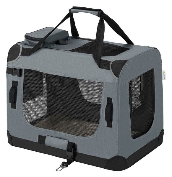 Skládací přepravní box pro psy, šedý, s pelíškem, velikost M