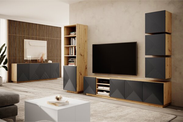 TV stolek Asha 200 cm s drážkovanými dvířky a otevřenou přihrádkou - dub artisan / rivier stone mat