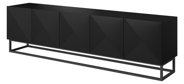 TV stolek Asha 200 cm s rýhovanými dvířky a kovovým rámem - černý mat