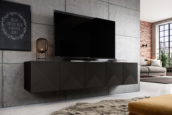 Závěsná TV skříňka Asha 200 cm s drážkovaným čelem - černý mat