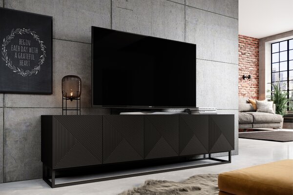 TV stolek Asha 200 cm s rýhovanými dvířky a kovovým rámem - černý mat