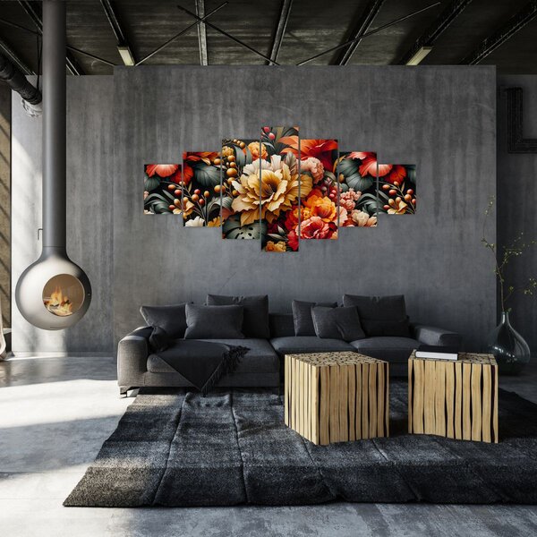 Obraz - Oranžovo-červené květy (210x100 cm)