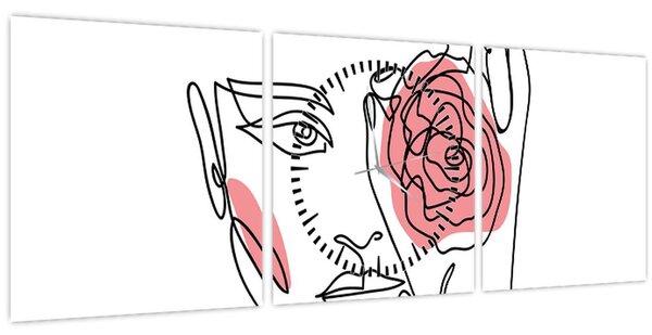 Obraz - Line art obličej s růží (s hodinami) (90x30 cm)