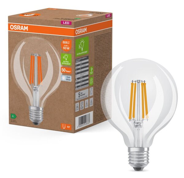 Ultra účinná LED žárovka čirá E27 3.8W GLOBE95, studená bílá