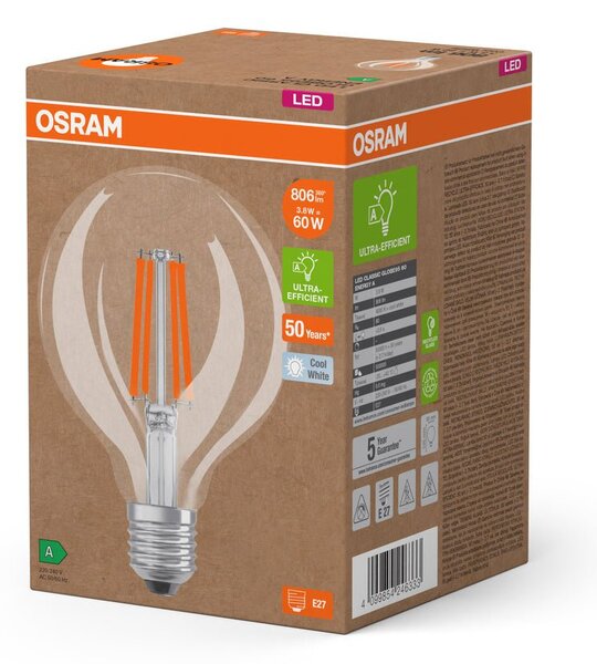 Ultra účinná LED žárovka čirá E27 3.8W GLOBE95, studená bílá