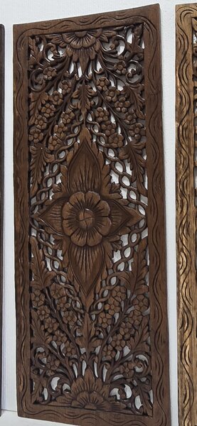 Teakova dekorace na zeď ELANOR, 35x90 cm, ruční práce (dřevořezba přírodní styl)