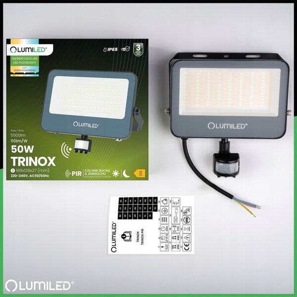 LED reflektor Lumiled 50W IP65 s pohybovým senzorem a regulací šedé barvy CCT
