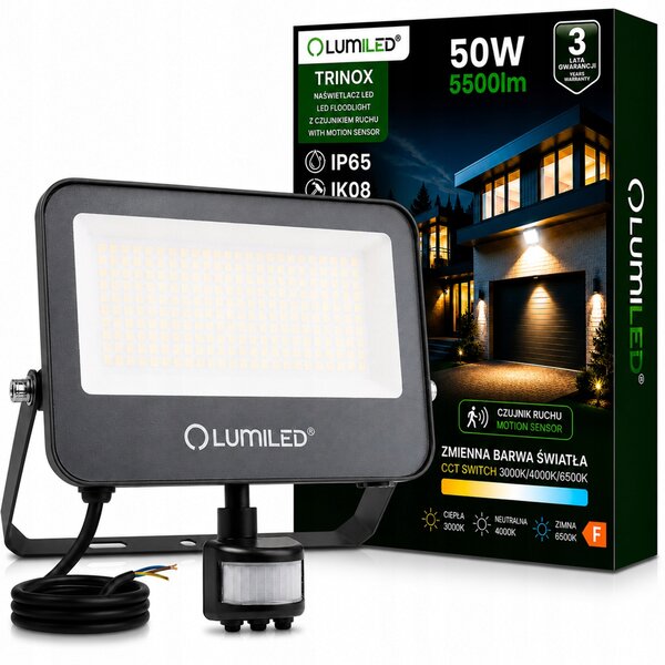 LED reflektor Lumiled 50W IP65 s pohybovým senzorem a regulací šedé barvy CCT